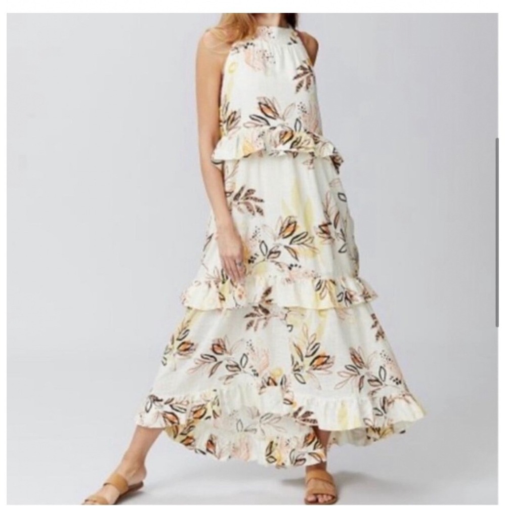 Free People Anita Ivory Floral‎ Sleeveless Ruffled Maxi Halter Dress Medium